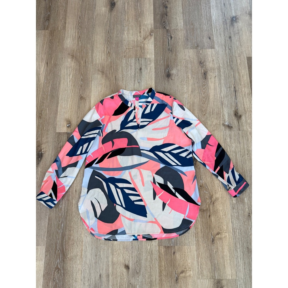 Vince Camuto Coastal Tropical Leaf Print Blouse Womens L Pink Navy Blue Preppy